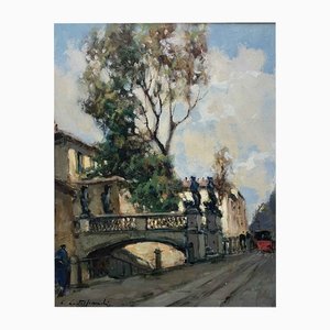 Cirano Castelfranchi, View of the Naviglio of via San Damiano, 1950s, Oil on Panel