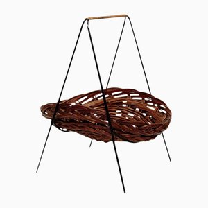 Vintage Magazine Holder in Black Lacquered Iron and Rattan, France, 1960s