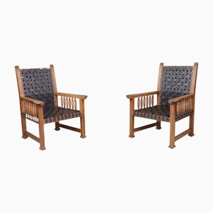 Set of Leather and Oak Armchairs from France, 1950s