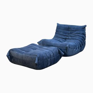 Set of Blue Togo Armchair and Ottoman attributed to Michel Ducaroy for Ligne Roset, 1970s