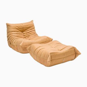 Ensemble de Canapé et Ottomane Togo en Cuir Marron Camel attribués à Michel Ducaroy, 1980s