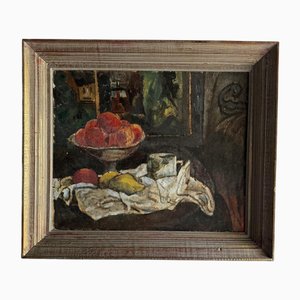 Bodegón con frutas y tela, óleo sobre lienzo, siglo XX, enmarcado