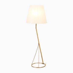 Lampadaire en Tige de Laiton & Tôle Réflecteur Peinte en Blanc