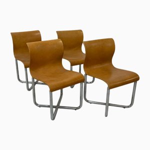 Chairs in Brown Leather and Chromed Metal attributed to Franz T. Sartori, 1970s, Set of 4
