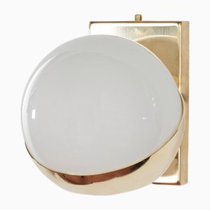Space Age White Murano Glass Sphere and Brass Frame Wall Sconce, Italy, 1990s