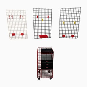 Carrello da ufficio su rotelle in ferro e laminato con griglie, anni '80, set di 4