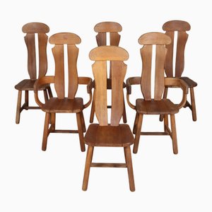 Brutalist Dining Chairs in Oak by De Puydt, Belgium, 1970s, Set of 6