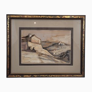Jean Derriére, Villaggio francese, XIX secolo, Acquarello su carta, Con cornice