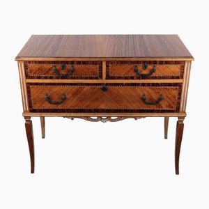 Mid 20th Century Chest of Drawers with Intricate Wooden Inlays, Ornate Brass Handles and Elegently Tapered Legs, 1940s