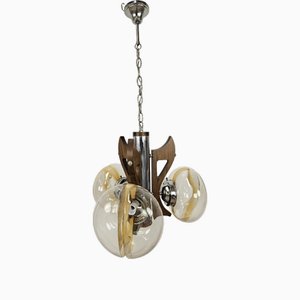 Italian Wood and Metal Chandelier with Three Glass Ceiling Lights, 1960s