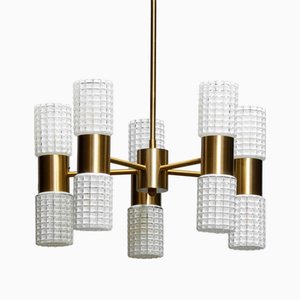 Brass and Art Glass Chandelier attributed to Hans-Agne Jakobsson for Markaryd, Sweden, 1960s