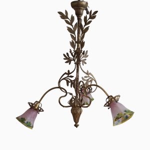 Art Nouveau Chandelier with Decorated Brass Frame and Three Original Colored Glass Shades, 1890s