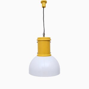 Suspension Industrielle Postmoderne en Verre Acrylique Blanc et Aluminium Verni Jaune, Italie