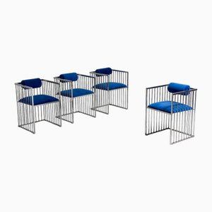 Sedie moderniste in metallo cromato e velluto blu, Italia, anni '70, set di 4