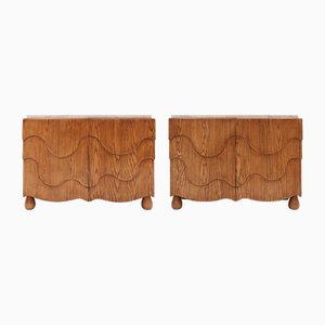 Italian Oak Wood Sideboards with Travertine Top, Set of 2