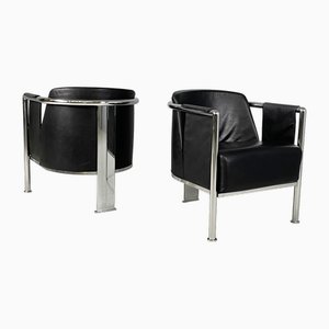 Set de Fauteuils Modernes en Cuir Noir et Acier, Italie, 1980s