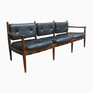 Cadett 3-Seater Sofa in Teak and Leather with Leather Straps by Eric Merthen, 1960s