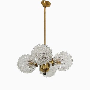 Lampadario in ottone e vetro, anni '70