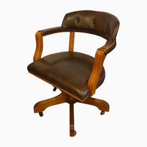 Chaise Pivotante en Cuir Marron et Bois, Angleterre