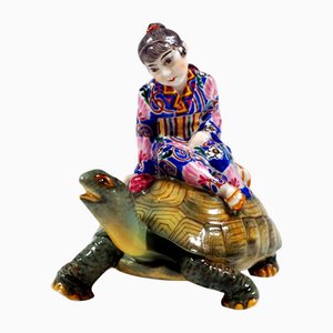 Art Deco Japanese Girl Riding on Turtle from Marcell Goldscheider, 1930s