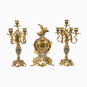 19th Century Napoleon III Gilt Bronze and Enamelled Mantel Set, Set of 3