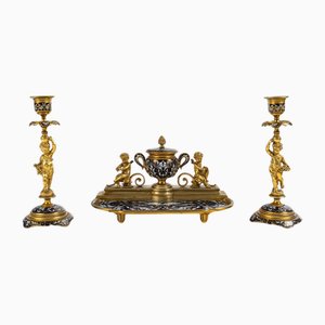 19th Century Napoleon III Inkwell and Two Candleholders, Set of 3