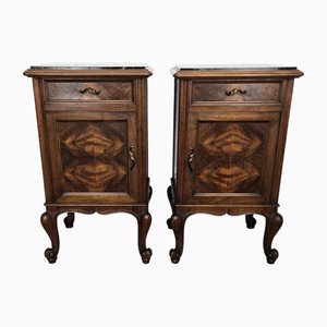 Italian Walnut Burl and Portoro Marble Nightstands, 1930s, Set of 2