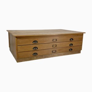 Large 3 Drawer Plan Chest with Brass Cup Handles, 1930s