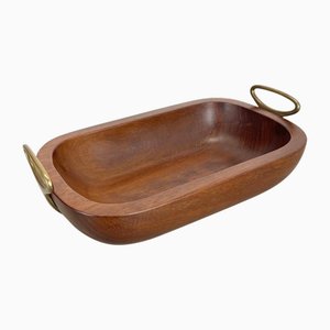 Scodella brutalista in teak con manici in ottone attribuita a Carl Auböck, Austria, anni '50