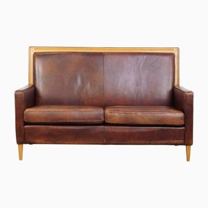 Art Deco Sheep Leather 2-Seater Sofa with Wooden Details