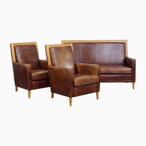 Canapé 2 Places Art Déco en Cuir de Mouton et 2 Fauteuils, Set de 3