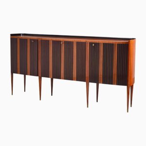 Grande Crédence à Huit Pieds en Bois, Laiton et Verre attribuée à Paolo Buffa, Italie, 1950s