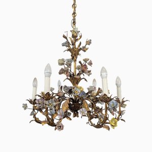 Golden Chandelier Decorated with Porcelain Flowers from DLG Meissen