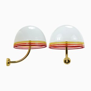 Lámparas de pared Febo de latón y cristal de Murano de Roberto Pamio para Leucos, Italia, años 70. Juego de 2