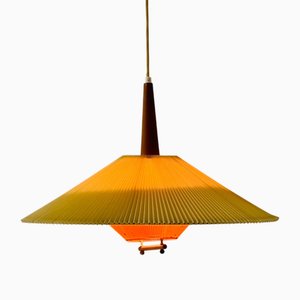 Verstellbare Dänische Mid-Century Teak & Plissee Hängelampe, 1960er