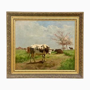 Aymar Alexandre Pezant, Cows in a Meadow in Spring, Oil on Canvas, Framed