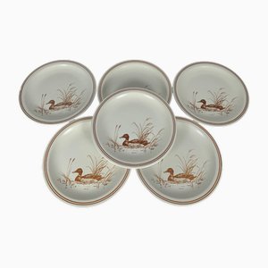 Vintage Dessertteller Set mit Entenmuster & Rotbraunem Besatz von Churchill England, 1990er, 6 . Set