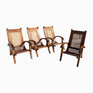 Teak and Wicker Jonc Armchairs, 1950s, Set of 4
