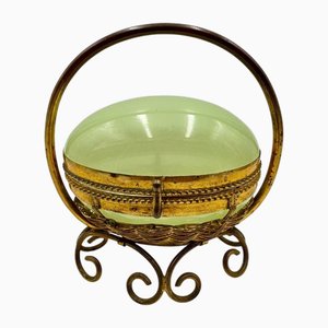 19th Century Uraline Green Opaline Glass Box in Green Opaline Ovoid Box with Basket-Shaped Brass Frame with Wicker Handles, 1890s