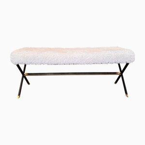 Italian Bench in Enamel Black Metal and Brass with Fur Upholstery, 1980s