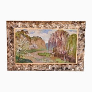 Large Asian Landscape, 1960s, Oil on Canvas, Framed