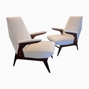 Set of Vintage Italian Walnut Framed Armchairs in Cream Velvet by Gianfranco Frattini, 1950s