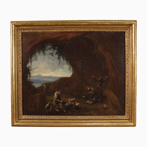 Artista genovese, Monaci che pregano in una grotta, 1720, Olio su tela, con cornice