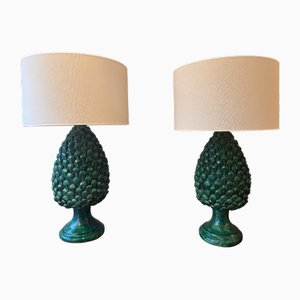 Grandes Lampes de Bureau Pommes de Pin en Céramique Vernie, 1960s, Set de 2