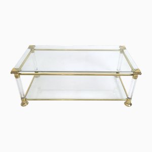 Postmodern Rectangular Glass Coffee Table with Brass and Acrylic Glass Frame, Italy, 1980s