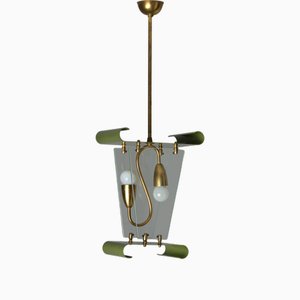 Italienische Mid-Century Moderne Hängelampe aus Messing & Grün lackiertem Metall, 1950er