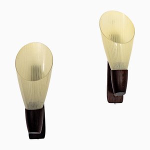 Mid-Century Modern Scandinavian Wall Lamps with Ribbed Glass and Santos Rosewood Details, 1950s, Set of 2