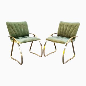 Italian Modern Brick Green Velvet and Gold Chromed Metal Chairs, 1970s, Set of 2