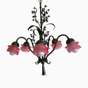 Lustre Vintage en Métal Patiné Vert-Doré Abat-jour Rose, 1970s