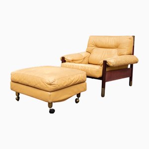 Chaise Sella en Cuir et Palissandre avec Ottomane par Carlo De Carli pour Luigi Sormani, 1966, Set de 2